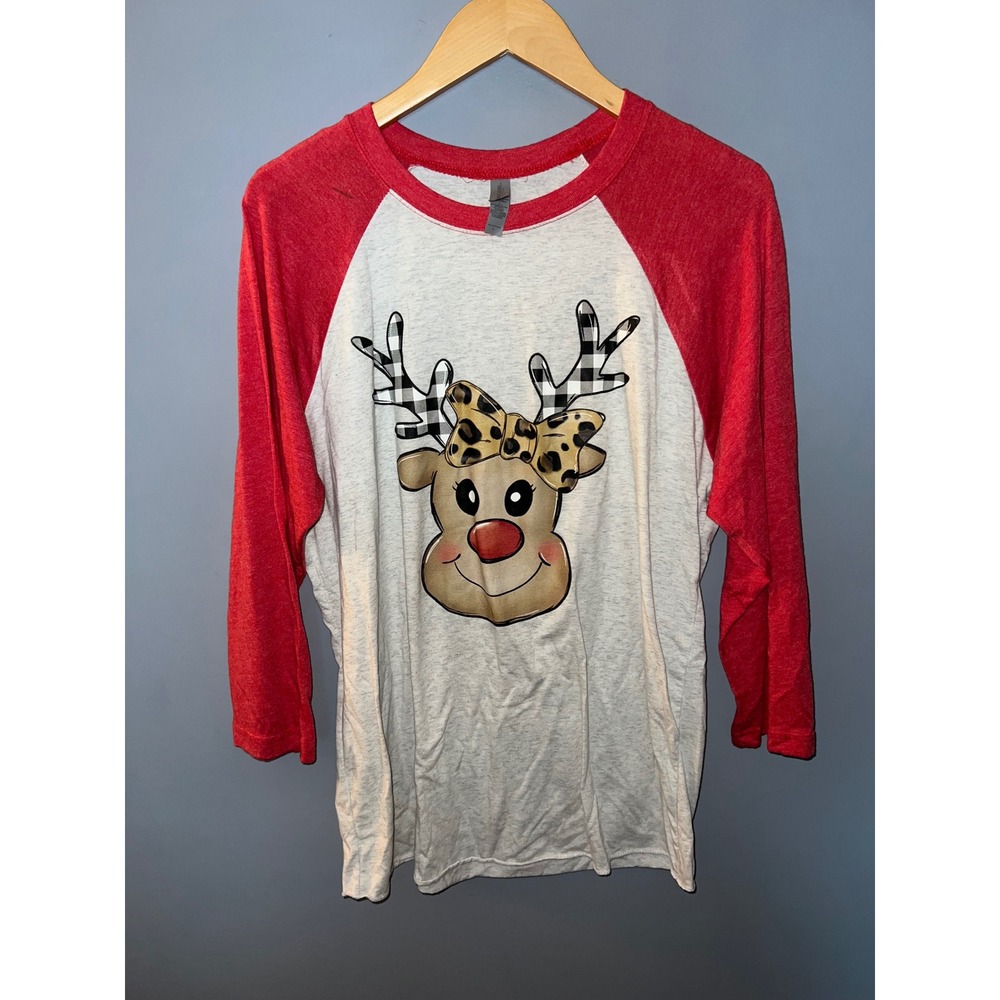 Next Level Reindeer Christmas Raglan Baseball Tee Red Grey Large